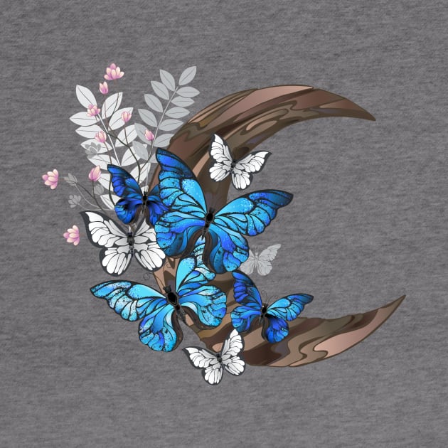 Blue butterflies on wooden crescent by Blackmoon9